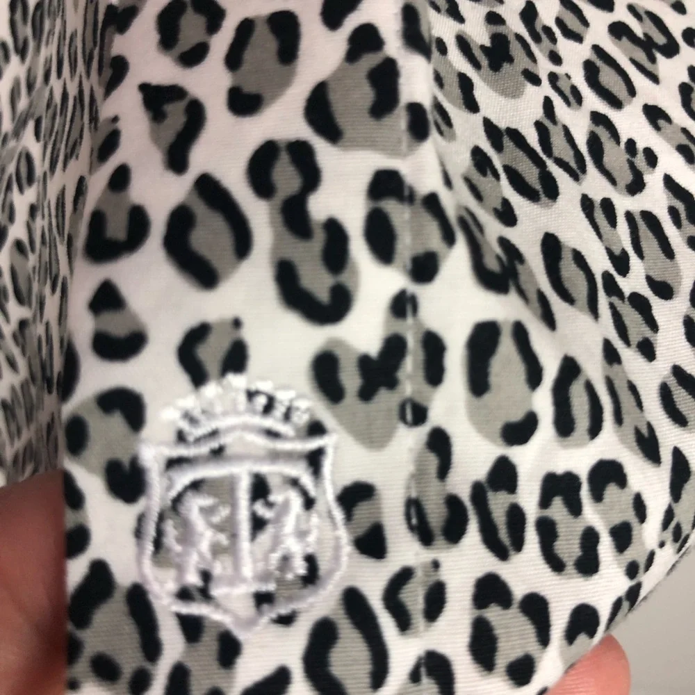 TALBOTS No Iron gray black white leopard print long sleeve button down size 14W